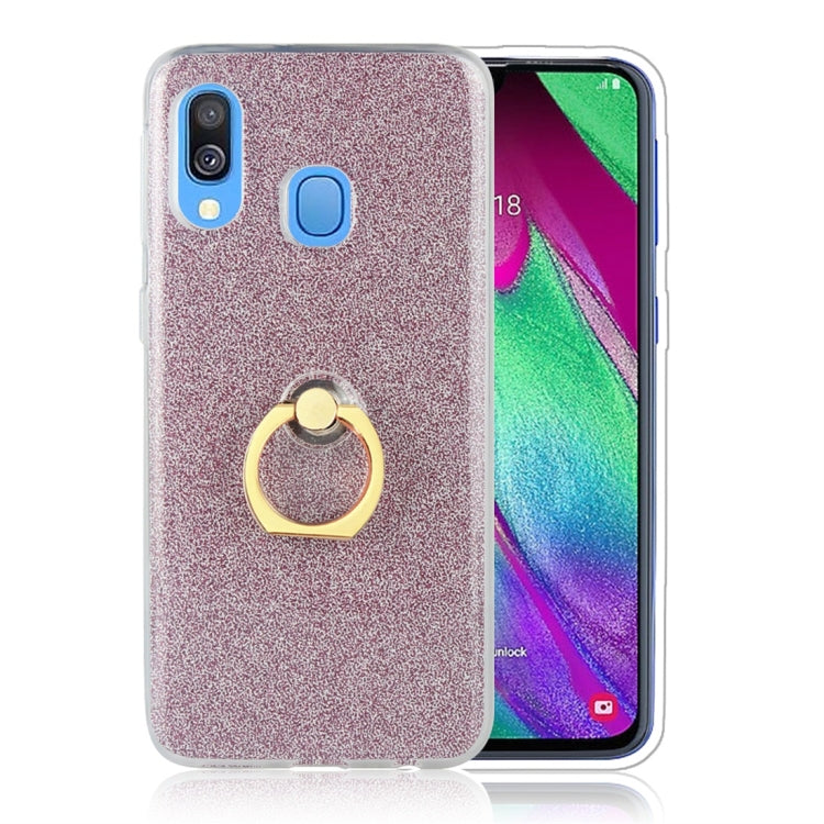 For Galaxy A60 Glittery Powder Shockproof TPU Protective Case, with 360 Degree Rotation Ring Holder