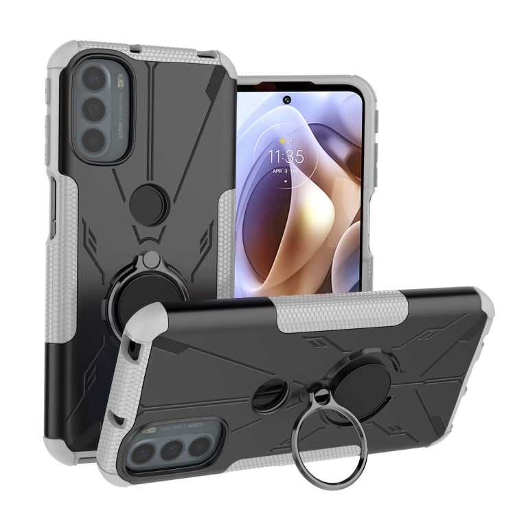 For Motorola Moto G31 Armor Bear Shockproof PC + TPU Phone Protective Case with Ring Holder