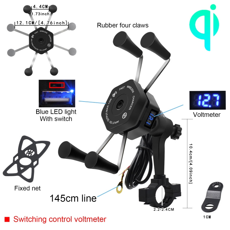 CS-878B1 Motorcycle X-type Plastic Wireless Fast Charging Bracket with Voltmeter(Black)