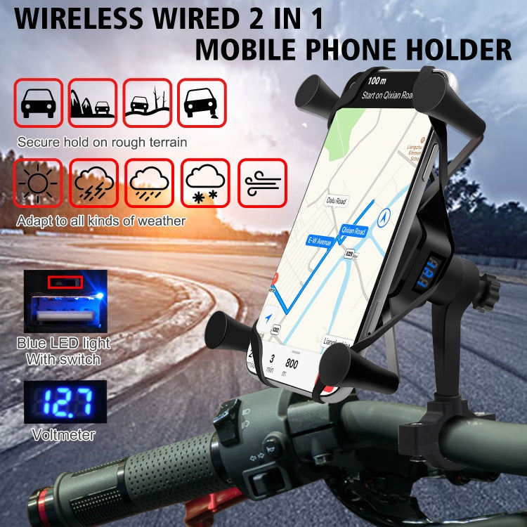 CS-878B1 Motorcycle X-type Plastic Wireless Fast Charging Bracket with Voltmeter(Black)