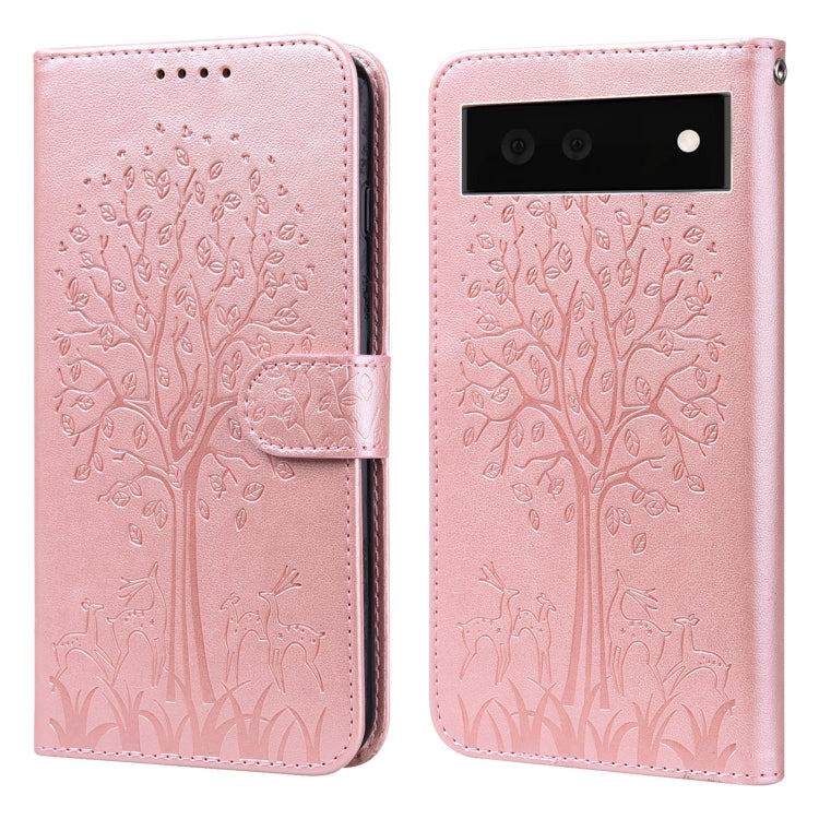 For Google Pixel 6 Tree & Deer Pattern Pressed Printing Horizontal Flip Leather Phone Case