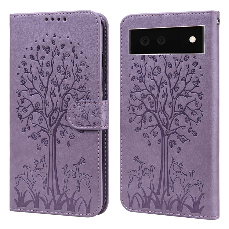 For Google Pixel 6 Tree & Deer Pattern Pressed Printing Horizontal Flip Leather Phone Case