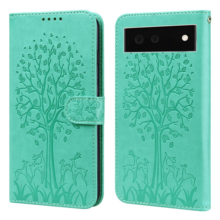 For Google Pixel 6 Tree & Deer Pattern Pressed Printing Horizontal Flip Leather Phone Case