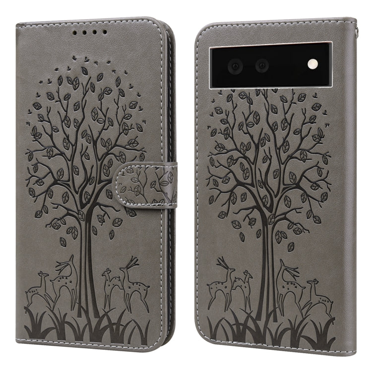 For Google Pixel 6 Tree & Deer Pattern Pressed Printing Horizontal Flip Leather Phone Case
