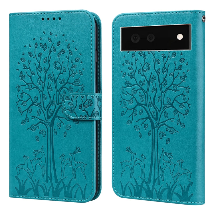 For Google Pixel 6 Tree & Deer Pattern Pressed Printing Horizontal Flip Leather Phone Case