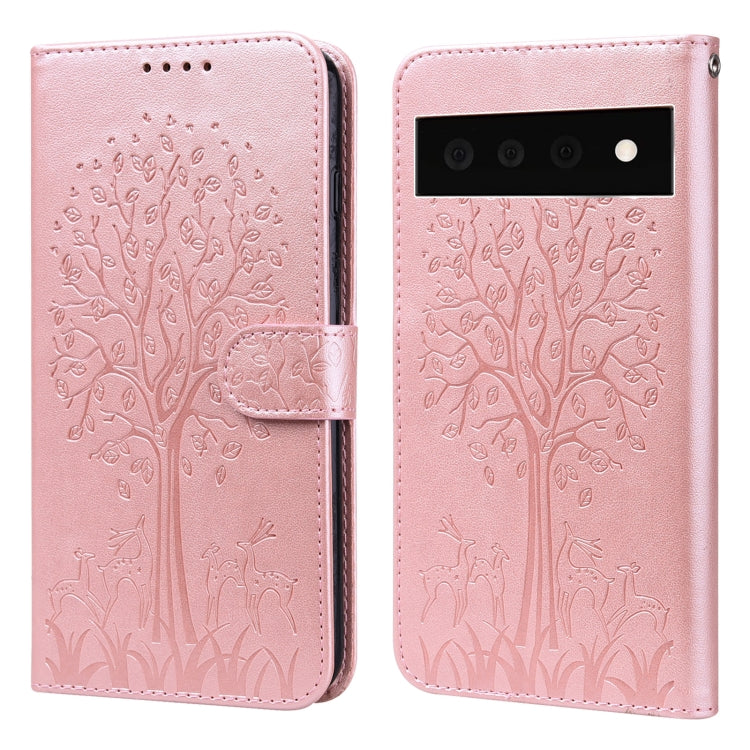 For Google Pixel 6 Pro Tree & Deer Pattern Pressed Printing Horizontal Flip Leather Phone Case