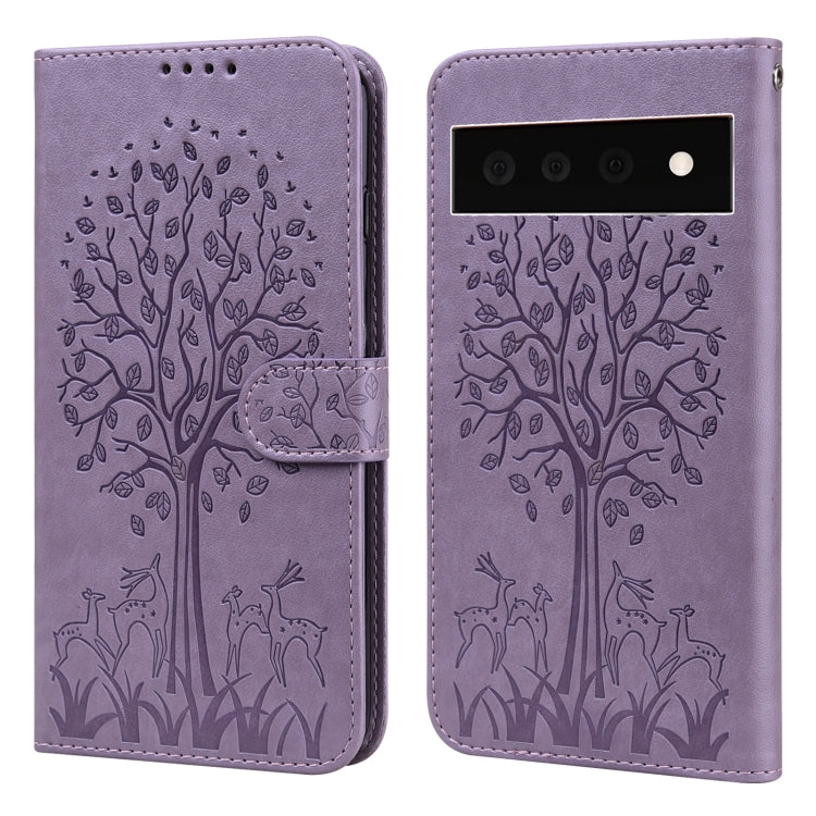 For Google Pixel 6 Pro Tree & Deer Pattern Pressed Printing Horizontal Flip Leather Phone Case