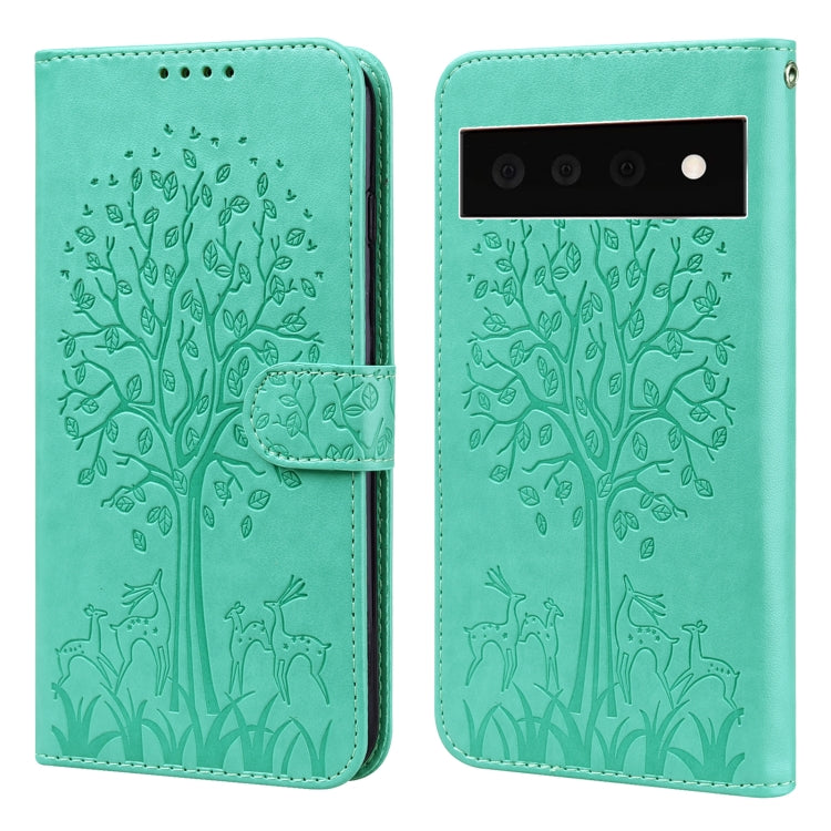 For Google Pixel 6 Pro Tree & Deer Pattern Pressed Printing Horizontal Flip Leather Phone Case