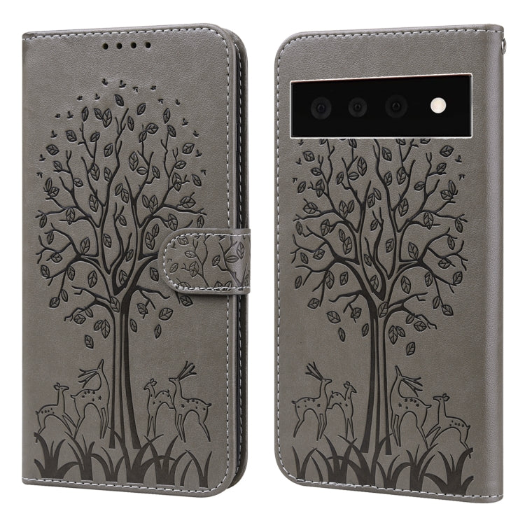 For Google Pixel 6 Pro Tree & Deer Pattern Pressed Printing Horizontal Flip Leather Phone Case