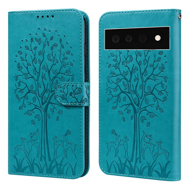 For Google Pixel 6 Pro Tree & Deer Pattern Pressed Printing Horizontal Flip Leather Phone Case