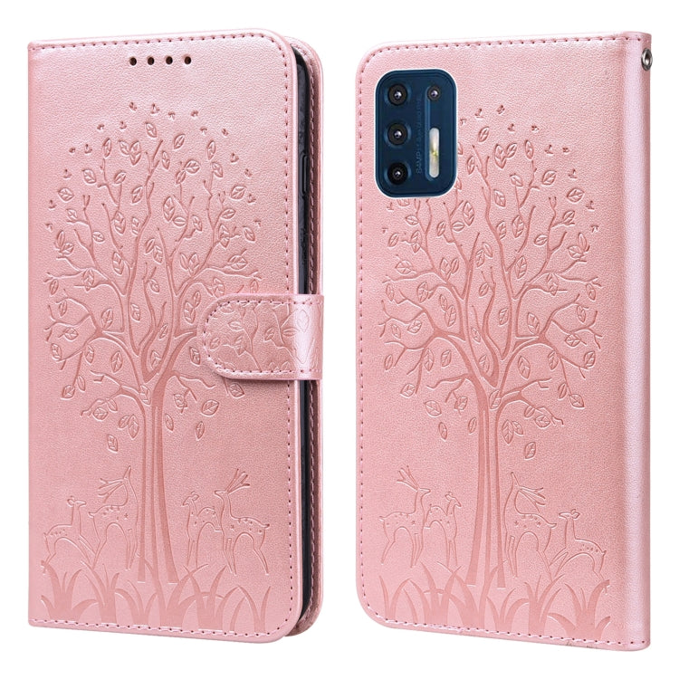 For Motorola Moto G9 Plus Tree & Deer Pattern Pressed Printing Horizontal Flip Leather Phone Case