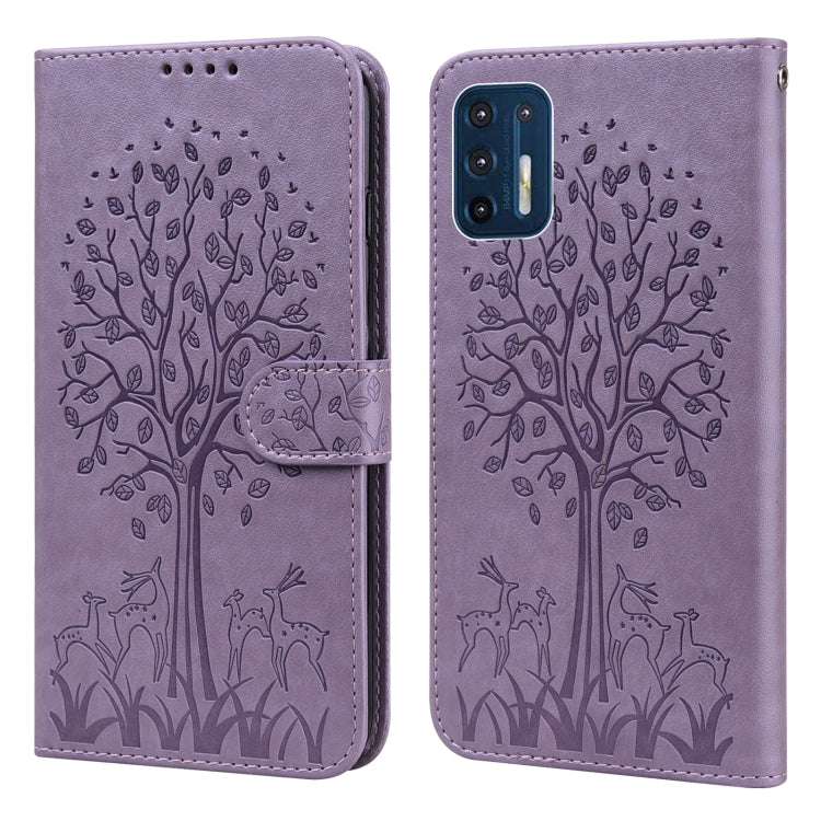 For Motorola Moto G9 Plus Tree & Deer Pattern Pressed Printing Horizontal Flip Leather Phone Case