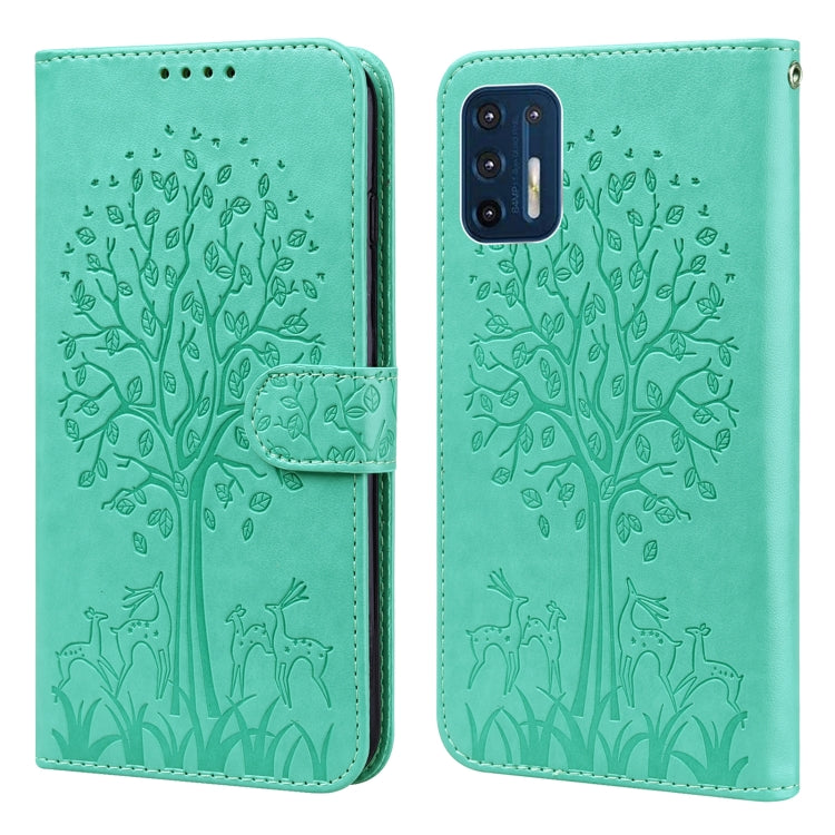 For Motorola Moto G9 Plus Tree & Deer Pattern Pressed Printing Horizontal Flip Leather Phone Case