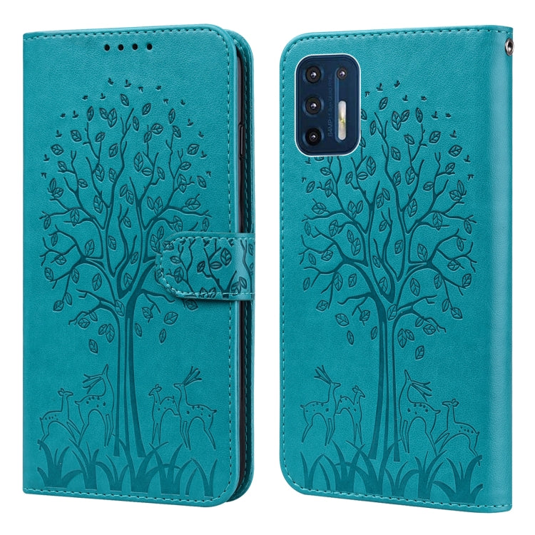 For Motorola Moto G9 Plus Tree & Deer Pattern Pressed Printing Horizontal Flip Leather Phone Case