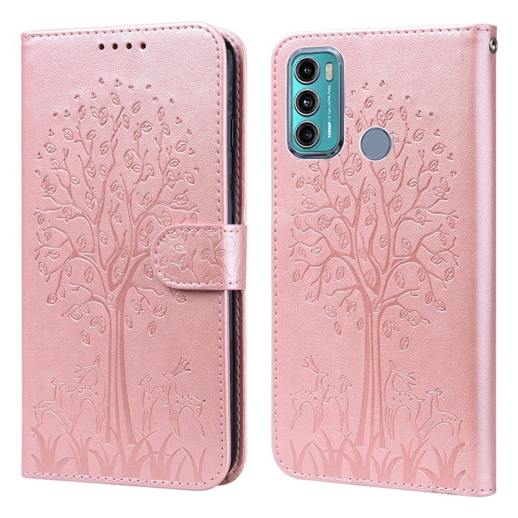 For Motorola Moto G60 Tree & Deer Pattern Pressed Printing Horizontal Flip Leather Phone Case