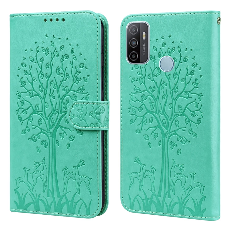 For OPPO A32 / A33 / A52 / A52s Tree & Deer Pattern Pressed Printing Horizontal Flip Leather Phone Case