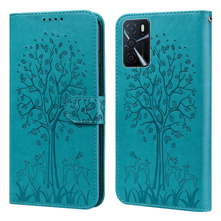 For OPPO A16 Tree & Deer Pattern Pressed Printing Horizontal Flip Leather Phone Case