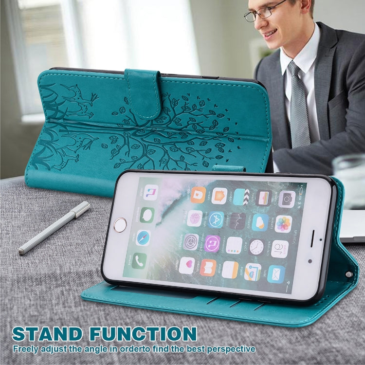 For iPhone SE 2022 / 7 / 8 / SE 2020 Tree & Deer Pattern Pressed Printing Horizontal Flip Leather Phone Case