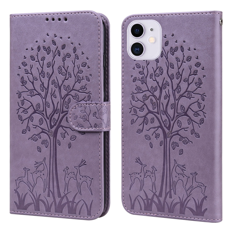 For iPhone 11 Tree & Deer Pattern Pressed Printing Horizontal Flip Leather Phone Case