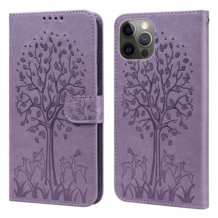 For iPhone 11 Pro Tree & Deer Pattern Pressed Printing Horizontal Flip Leather Phone Case
