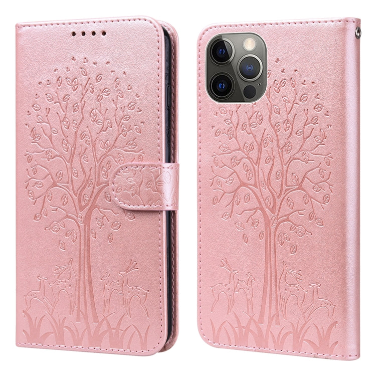 For iPhone 13 Pro Max Tree & Deer Pattern Pressed Printing Horizontal Flip Leather Phone Case For iPhone 12 Pro Max / 13 Pro Max