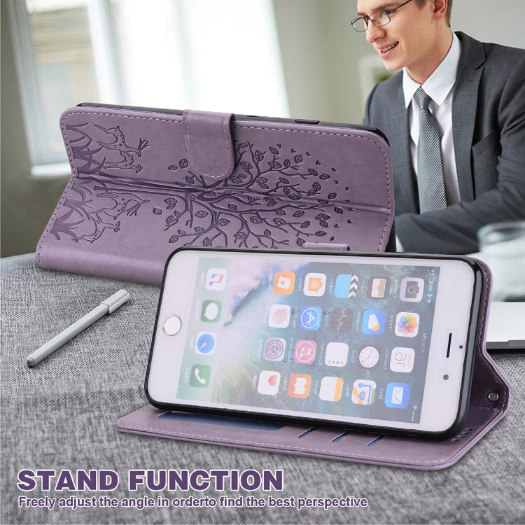 For iPhone 13 Tree & Deer Pattern Pressed Printing Horizontal Flip Leather Phone Case