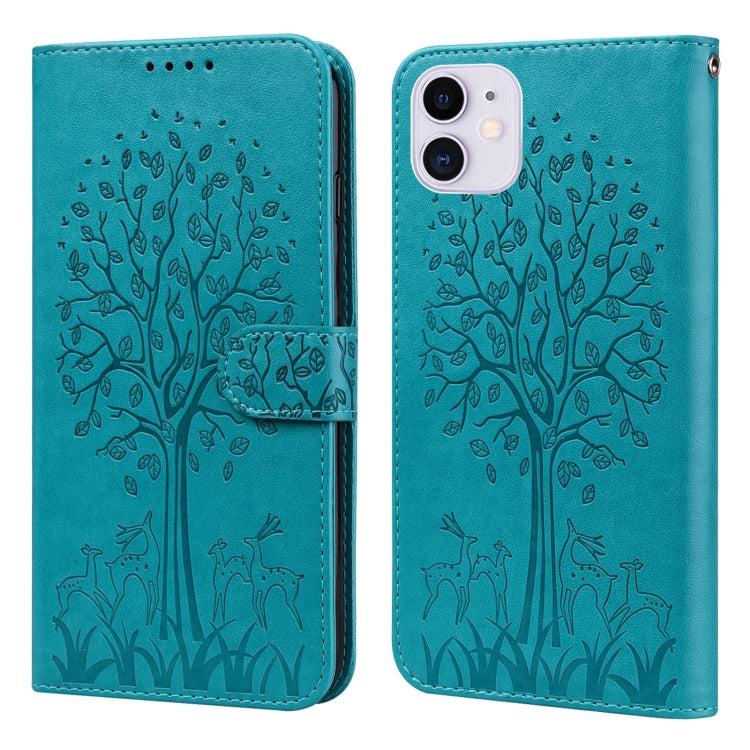 For iPhone 13 Tree & Deer Pattern Pressed Printing Horizontal Flip Leather Phone Case