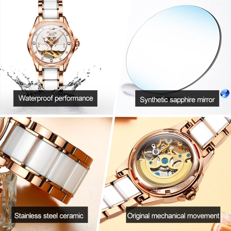 JIN SHI DUN 8831 Women Fashion Diamond Hollowed Waterproof Ceramic Mechanical Watch