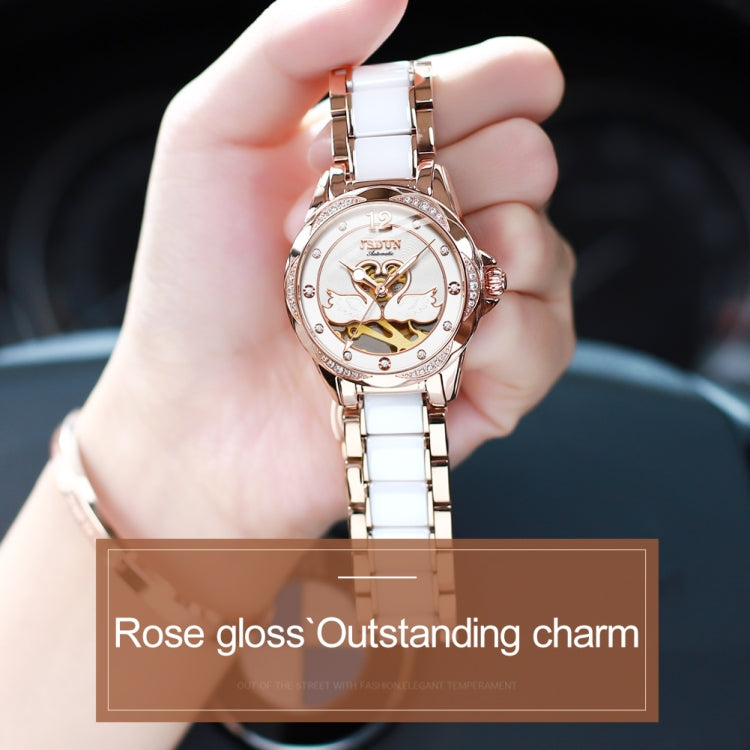JIN SHI DUN 8831 Women Fashion Diamond Hollowed Waterproof Ceramic Mechanical Watch