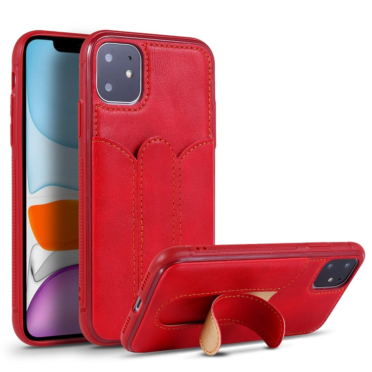 For iPhone 11 Shockproof PC + PU Protective Case with Invisible Spring Holder & Card Slot
