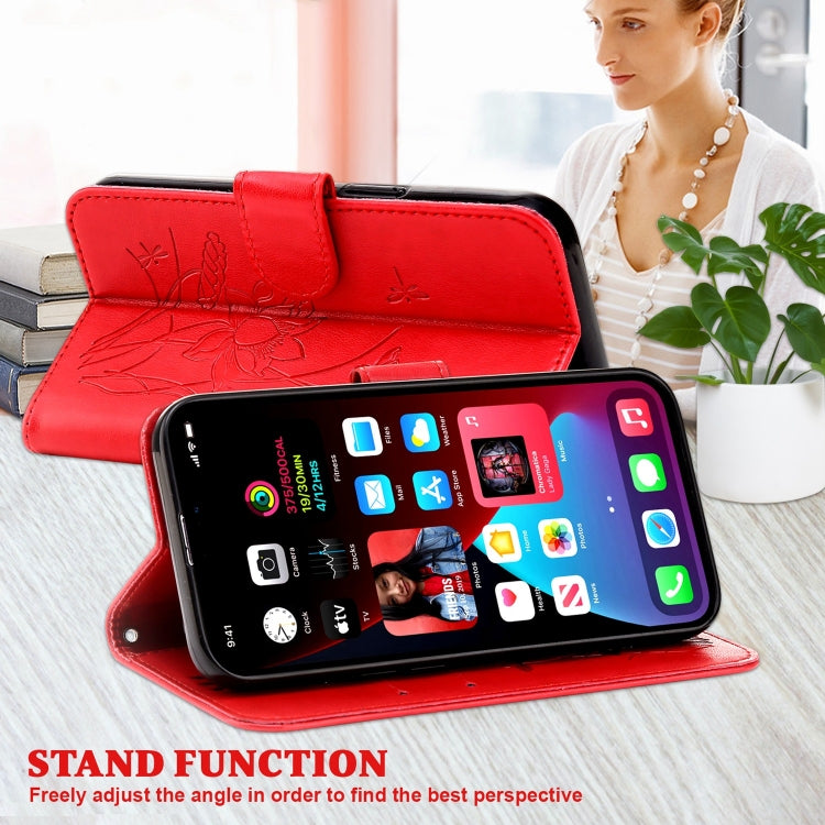 For iPhone 13 mini Lotus Embossed Leather Phone Case