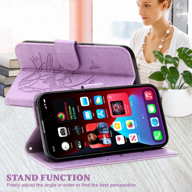 For iPhone 13 mini Lotus Embossed Leather Phone Case