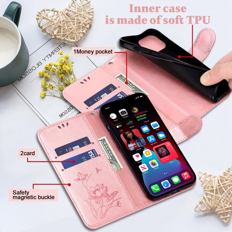 For iPhone 13 mini Lotus Embossed Leather Phone Case