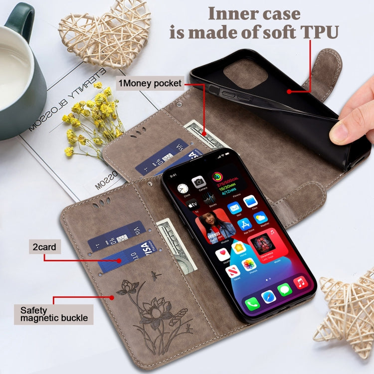 For iPhone 13 mini Lotus Embossed Leather Phone Case