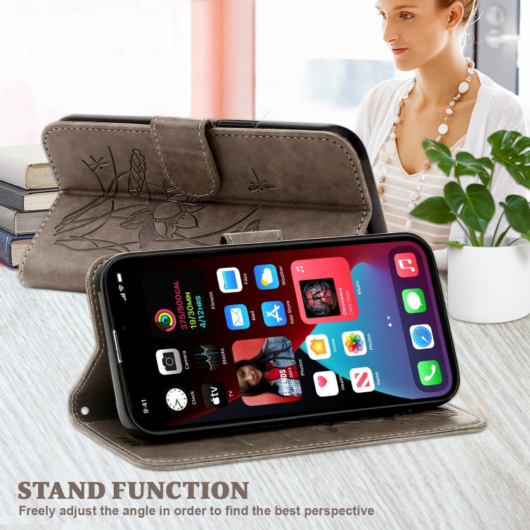 For iPhone 13 mini Lotus Embossed Leather Phone Case