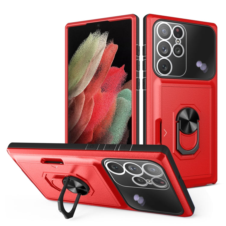 For Samsung Galaxy S22 Ultra 5G Card Ring Holder PC + TPU Phone Case