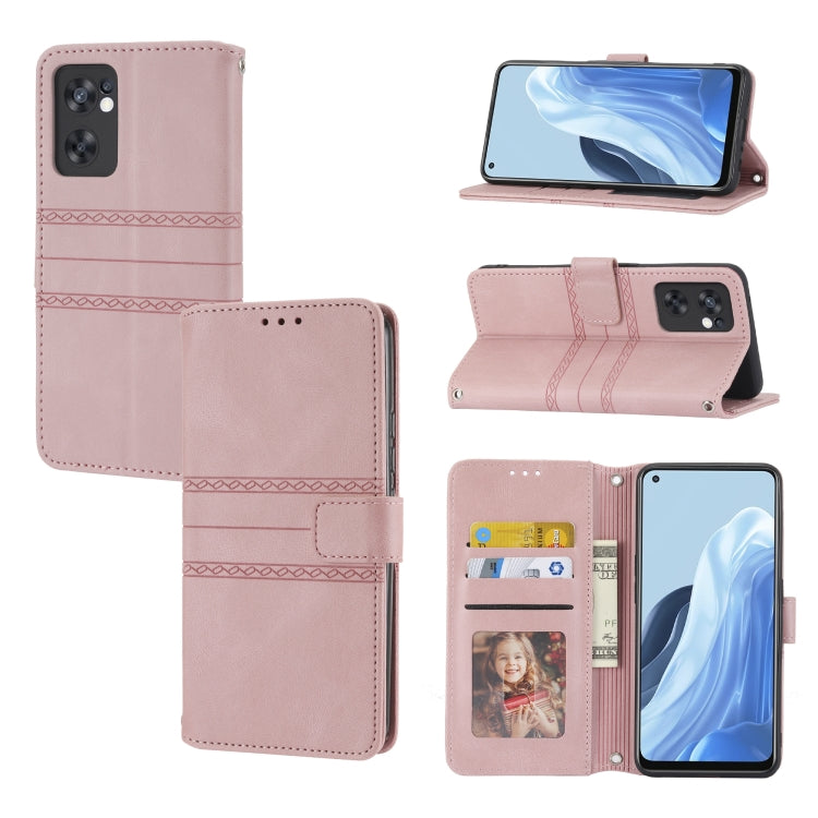 For OPPO Reno7 5G Embossed Striped Magnetic Buckle Horizontal Flip Phone Leather Case