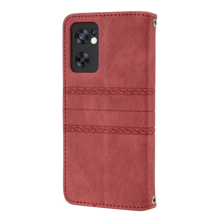 For OPPO Reno7 5G Embossed Striped Magnetic Buckle Horizontal Flip Phone Leather Case