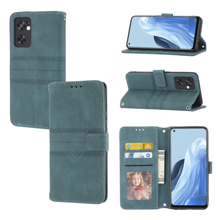 For OPPO Reno7 5G Embossed Striped Magnetic Buckle Horizontal Flip Phone Leather Case