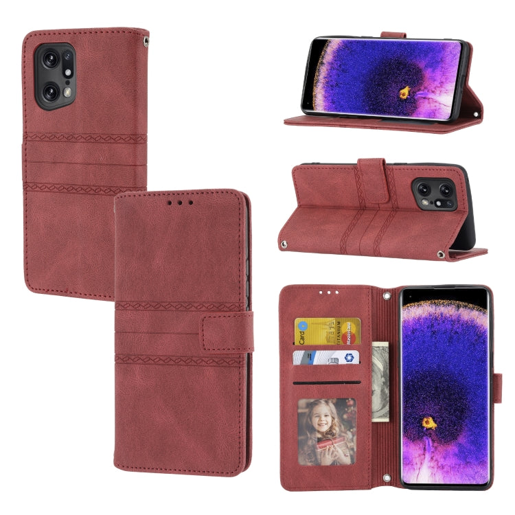 For OPPO Find X5 Embossed Striped Magnetic Buckle Horizontal Flip Phone Leather Case