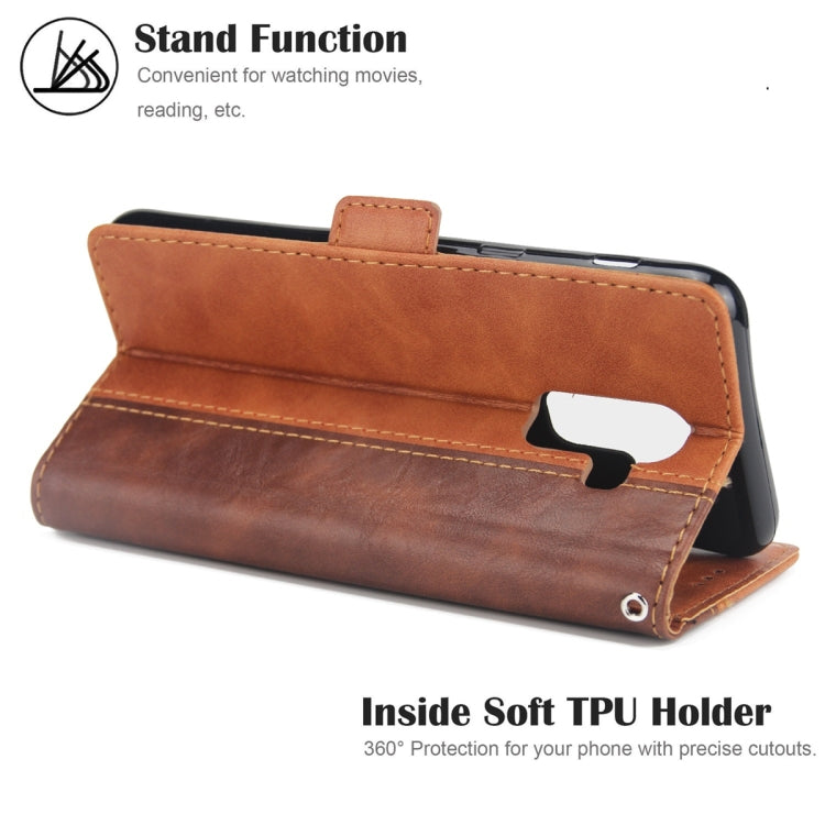 For Galaxy J8 Retro Texture Contrast Color Splicing Horizontal Flip TPU + PU Leather Case with Card Slots & Holder & Wallet