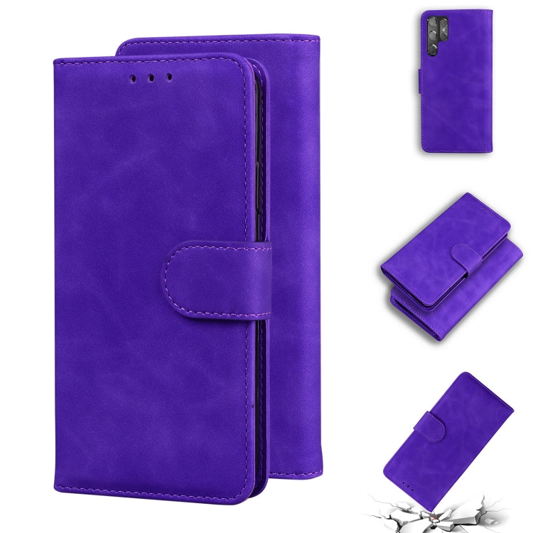 For Samsung Galaxy S22 Ultra 5G Skin Feel Pure Color Flip Leather Phone Case