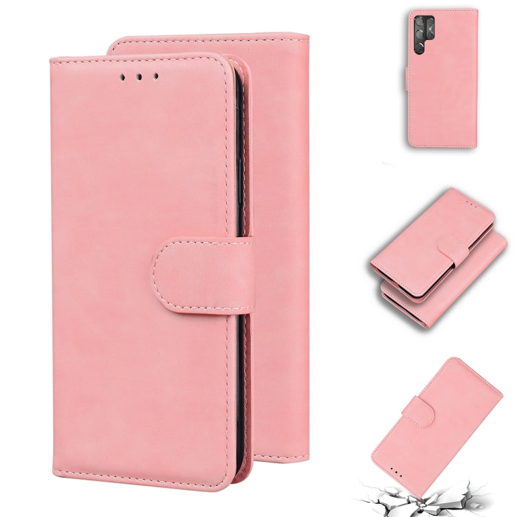 For Samsung Galaxy S22 Ultra 5G Skin Feel Pure Color Flip Leather Phone Case