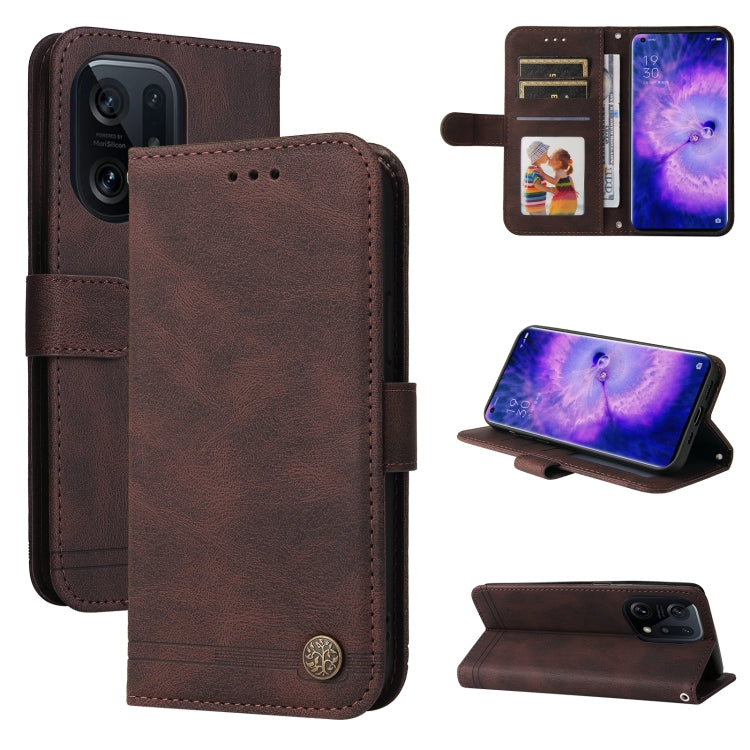 For OPPO Find X5 Skin Feel Life Tree Metal Button Leather Phone Case