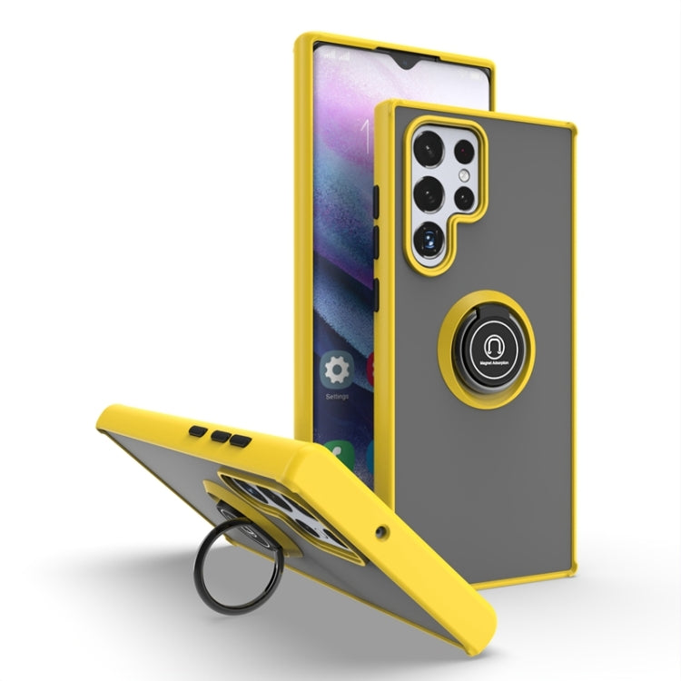 For Samsung Galaxy S22 Ultra 5G Q Shadow I Ring Kickstand PC and TPU Hybrid Phone Case