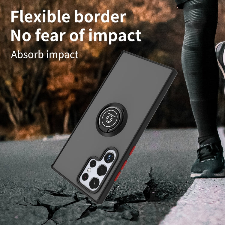 For Samsung Galaxy S22 Ultra 5G Q Shadow I Ring Kickstand PC and TPU Hybrid Phone Case