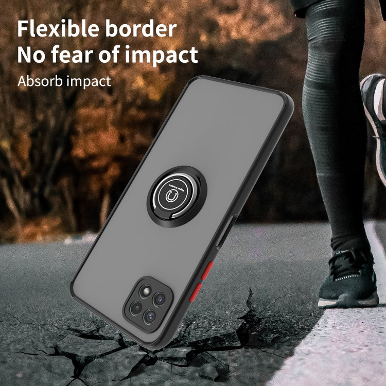 For Samsung Galaxy A22 5G Q Shadow I Ring Kickstand PC and TPU Hybrid Phone Case