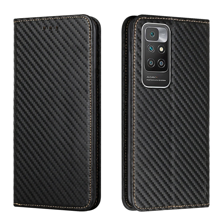 For Xiaomi Redmi 10 Carbon Fiber Texture Flip Holder Leather Phone Case