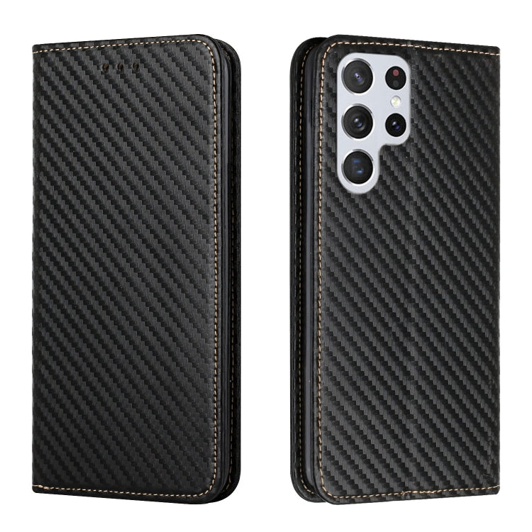 For Samsung Galaxy S22 Ultra 5G Carbon Fiber Texture Flip Holder Leather Phone Case