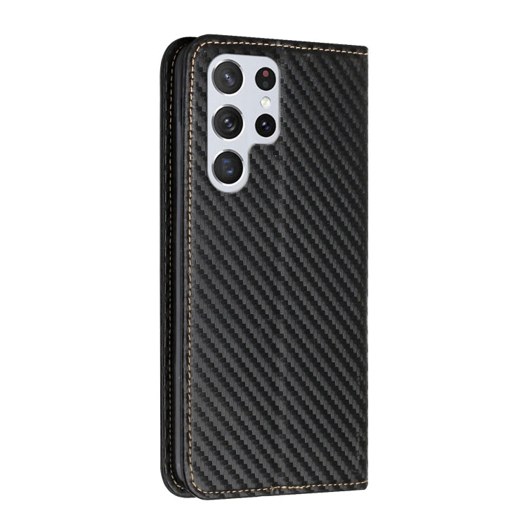 For Samsung Galaxy S22 Ultra 5G Carbon Fiber Texture Flip Holder Leather Phone Case